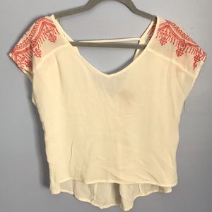Sheer Ivory Blouse with Coral Embroidered Sleeves